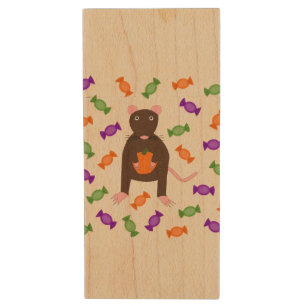 Cute Halloween Rat and Pumpkin Wood Flash Drive
