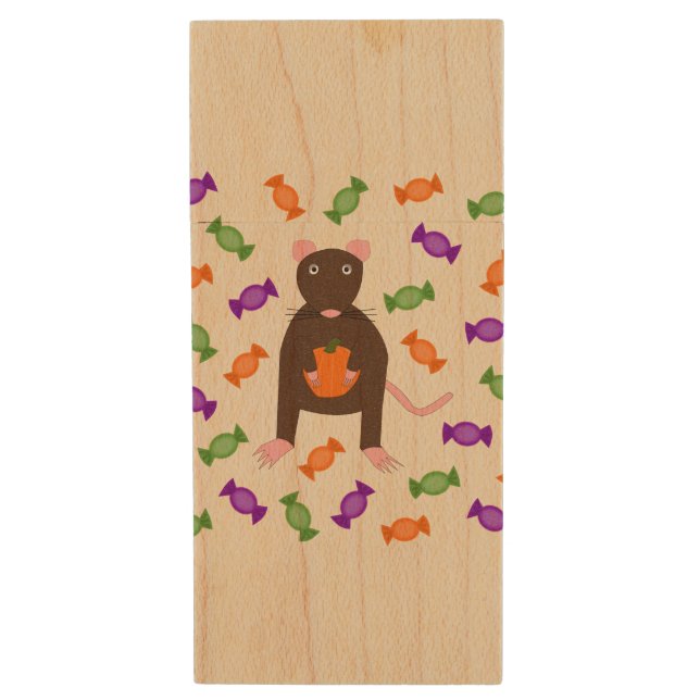 Cute Halloween Rat and Pumpkin Wood Flash Drive (Front Vertical)