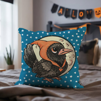 Cute Halloween Raven In Orange Costume Moon Stars Throw Pillow