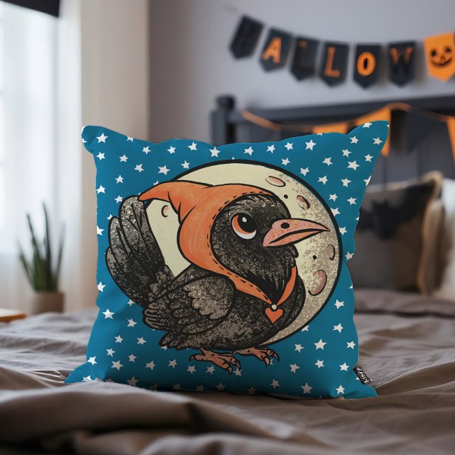 Cute Halloween Raven In Orange Costume Moon Stars Throw Pillow (Charming chibi raven in a cozy costume, perfect pillow for spooky season decor or cuddly accents.)