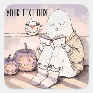 Cute Halloween Reading Ghost Cozy Autumn Book Club Square Sticker
