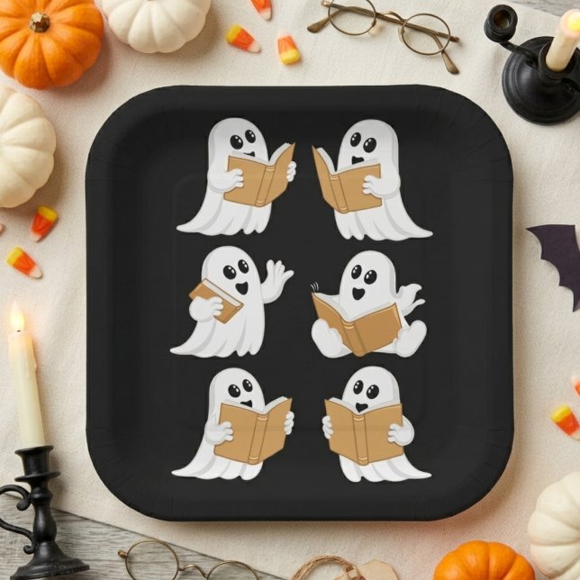 Cute Halloween Reading Ghosts Teacher Librarian Paper Plates (Creator Uploaded)