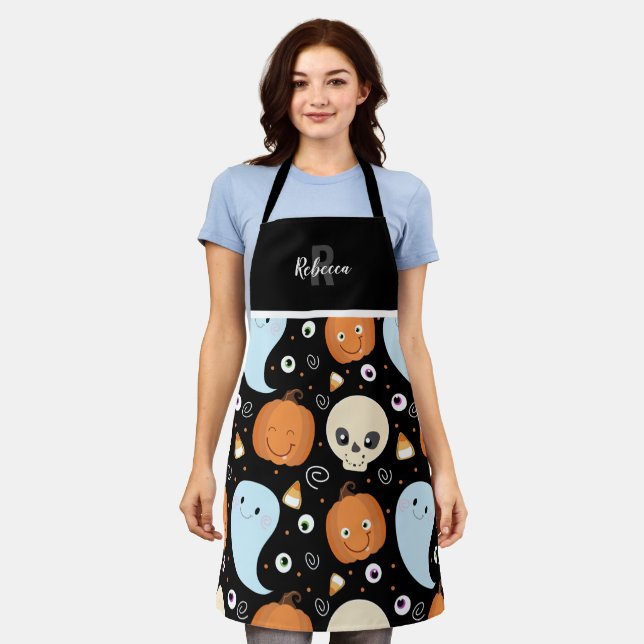 Cute Halloween Repeat Pattern Monogram Apron (Worn)