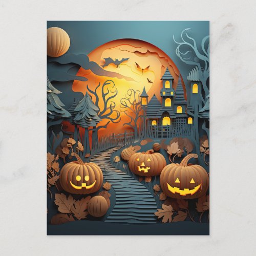 Cute Halloween Scene 3D Effect Design Holiday Postcard
