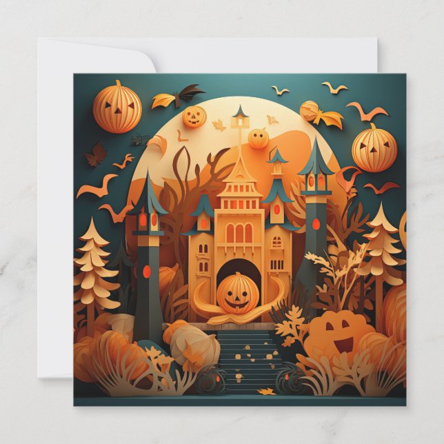 Cute Halloween Scene 3D Effect Design Note Card (Front)