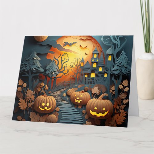 Cute Halloween Scene 3D Effect Design Thank You Card