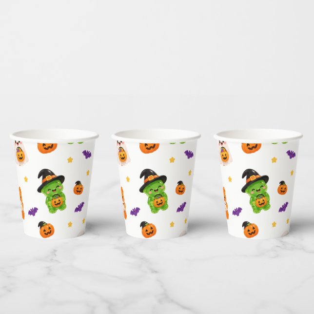Cute Halloween Seamless Pattern – Kawaii Pumpkins, Paper Cups (Multi)