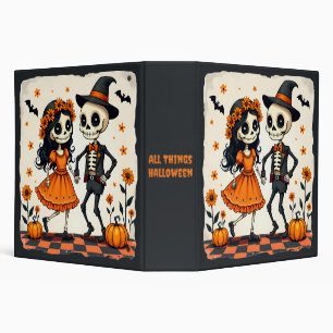 Cute Halloween Skeleton Couple in Orange 3 Ring Binder