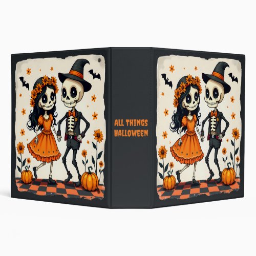 Cute Halloween Skeleton Couple in Orange 3 Ring Binder