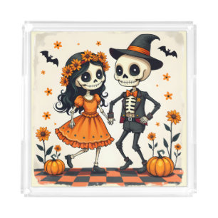 Cute Halloween Skeleton Couple in Orange Acrylic Tray