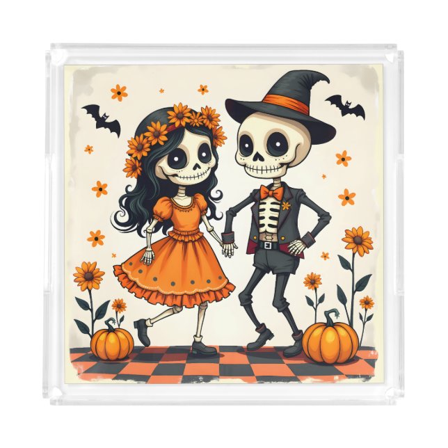 Cute Halloween Skeleton Couple in Orange Acrylic Tray (Front)