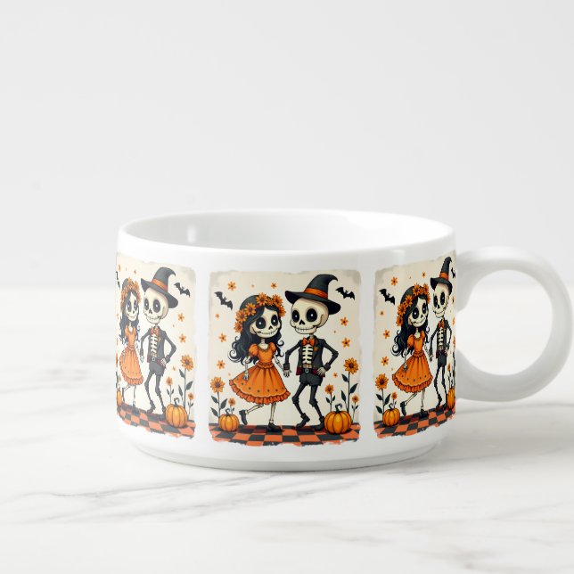 Cute Halloween Skeleton Couple in Orange Bowl (Left)