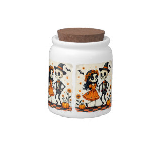 Cute Halloween Skeleton Couple in Orange Candy Jar