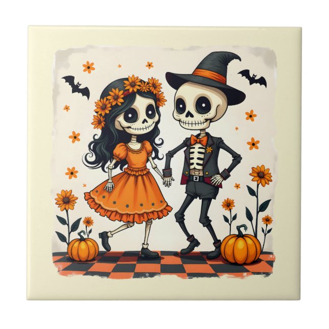 Cute Halloween Skeleton Couple in Orange Ceramic Tile (Front)