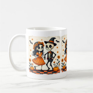 Cute Halloween Skeleton Couple in Orange Coffee Mug