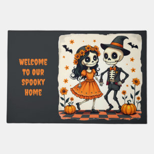 Cute Halloween Skeleton Couple in Orange Doormat