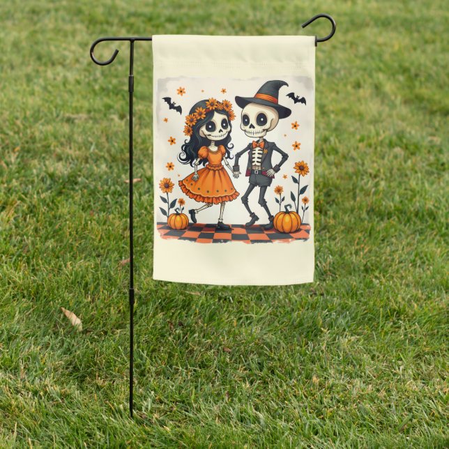 Cute Halloween Skeleton Couple in Orange Garden Flag (In SItu)