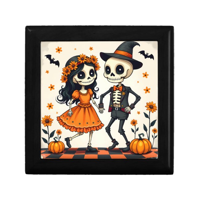 Cute Halloween Skeleton Couple in Orange Gift Box (Front)