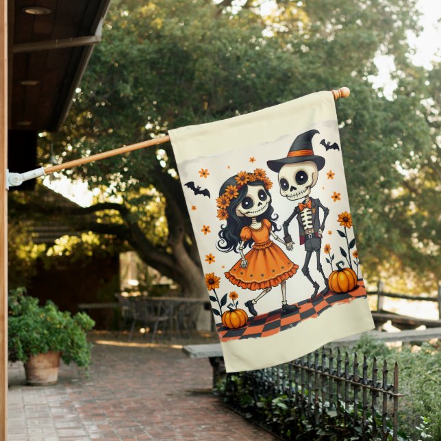 Cute Halloween Skeleton Couple in Orange House Flag (In SItu)