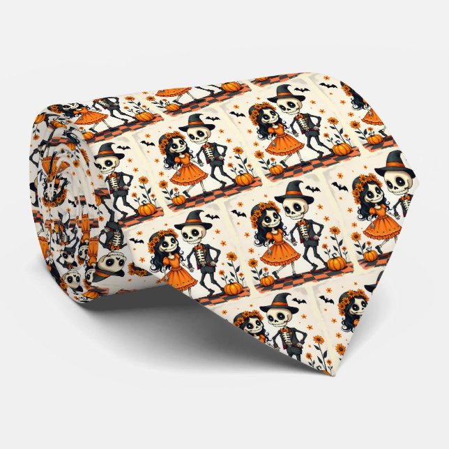 Cute Halloween Skeleton Couple in Orange Neck Tie (Rolled)