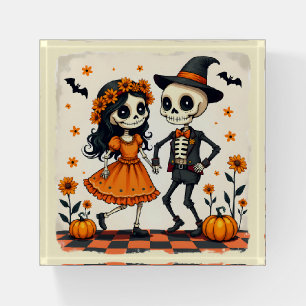 Cute Halloween Skeleton Couple in Orange Paperweight