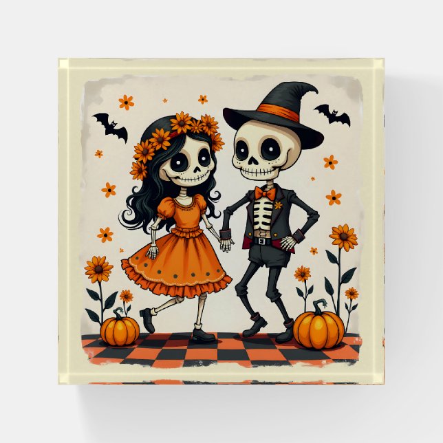 Cute Halloween Skeleton Couple in Orange Paperweight (Front)