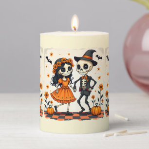 Cute Halloween Skeleton Couple in Orange Pillar Candle