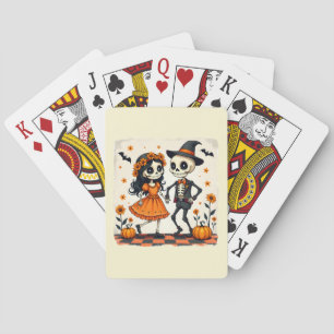 Cute Halloween Skeleton Couple in Orange Poker Cards