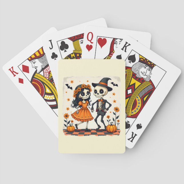 Cute Halloween Skeleton Couple in Orange Poker Cards (Back)