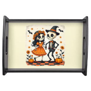 Cute Halloween Skeleton Couple in Orange Serving Tray