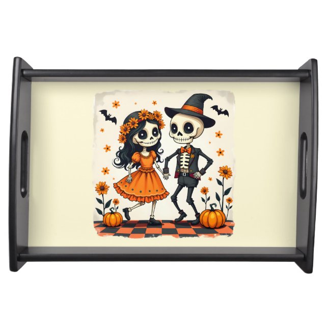 Cute Halloween Skeleton Couple in Orange Serving Tray (Front)
