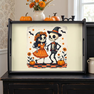 Cute Halloween Skeleton Couple in Orange Serving Tray