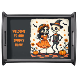 Cute Halloween Skeleton Couple in Orange Serving Tray
