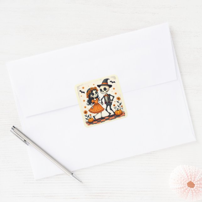 Cute Halloween Skeleton Couple in Orange Square Sticker (Envelope)