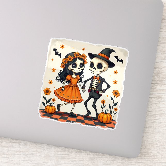 Cute Halloween Skeleton Couple in Orange Sticker (Detail)