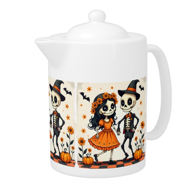 Cute Halloween Skeleton Couple in Orange Teapot (Right)