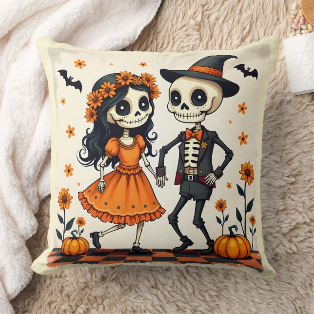 Cute Halloween Skeleton Couple in Orange Throw Pillow (Blanket)