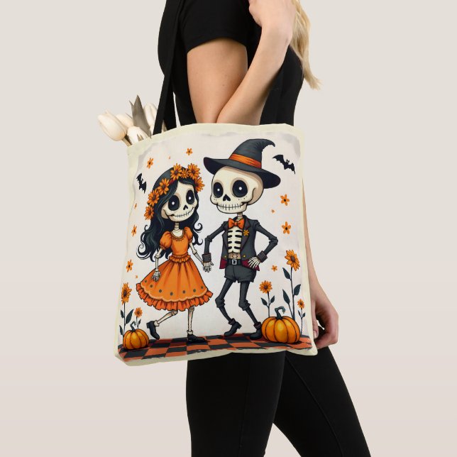 Cute Halloween Skeleton Couple in Orange Tote Bag (Close Up)
