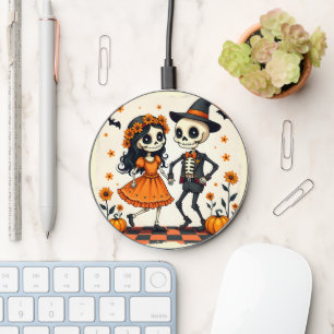 Cute Halloween Skeleton Couple in Orange Wireless Charger