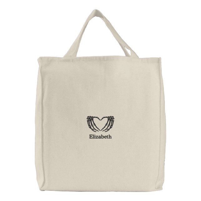 Cute Halloween Skeleton Hands Heart Embroidered Tote Bag (Front)