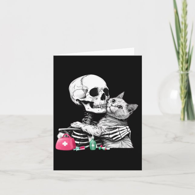 Cute Halloween Skeleton Hug Cat Vet Tech Veterinar Card (Front)