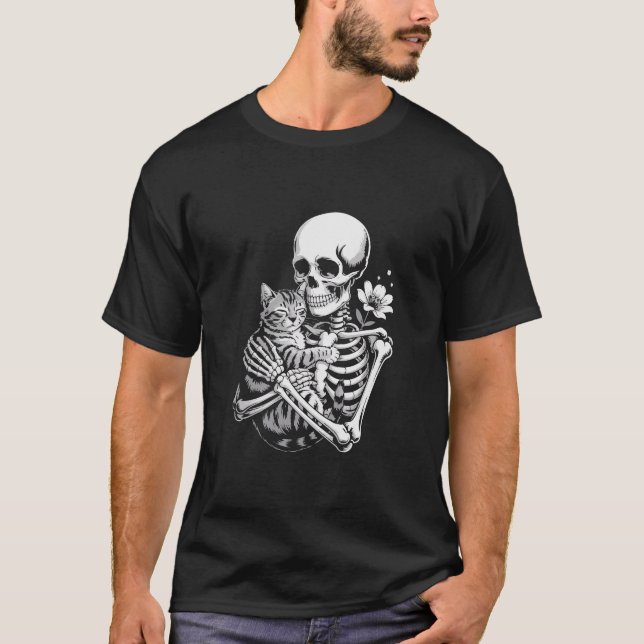 Cute Halloween Skeleton Hugging Black Cat – Cat Lo T-Shirt (Front)
