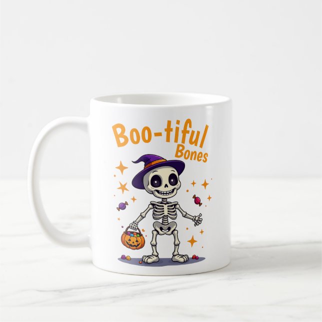 Cute Halloween skeleton with candy design mug (Left)
