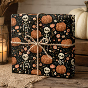 Cute Halloween Skeletons and Pumpkins Pattern Wrapping Paper Sheets