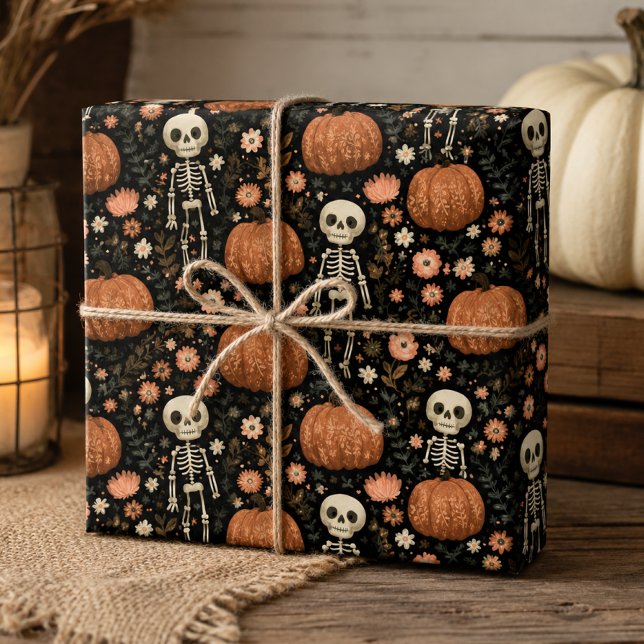 Cute Halloween Skeletons and Pumpkins Pattern Wrapping Paper Sheets (Creator Uploaded)
