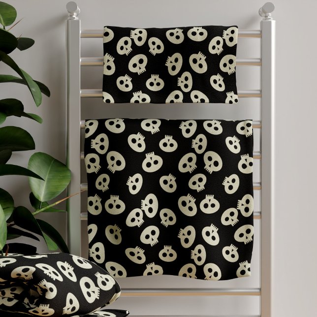 Cute Halloween Skull Pattern Black Cream Spooky Bath Towel Set (Creator Uploaded)