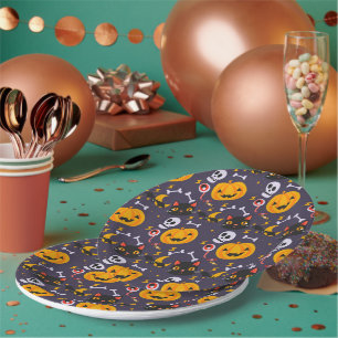 Cute Halloween Skulls, Cats & Pumpkin Smiles Party Paper Plates