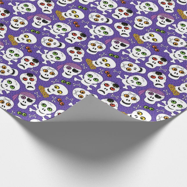 Cute Halloween Skulls on Purple Wrapping Paper (Corner)