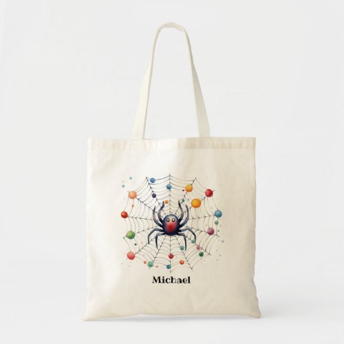 Cute Halloween Spider on a Spider Web Name Tote Bag