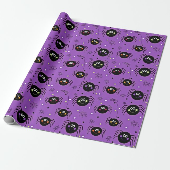 Cute Halloween Spiders Wrapping Paper (Unrolled)
